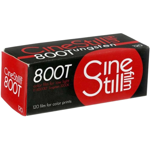 Cinestill 800t color film in a black and red box, designed for low light photography.