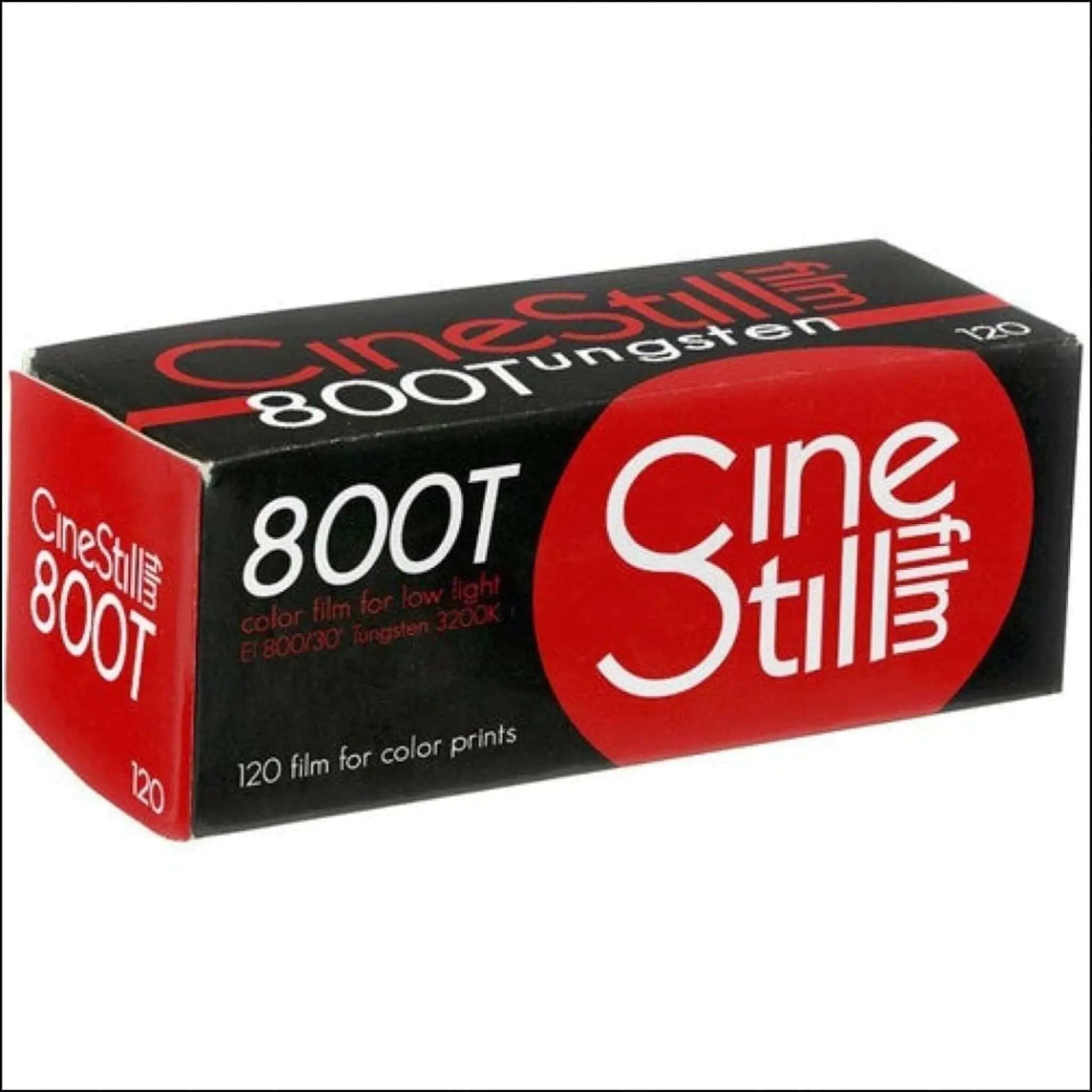 Cinestill 800t color film in a black and red box, designed for low light photography.