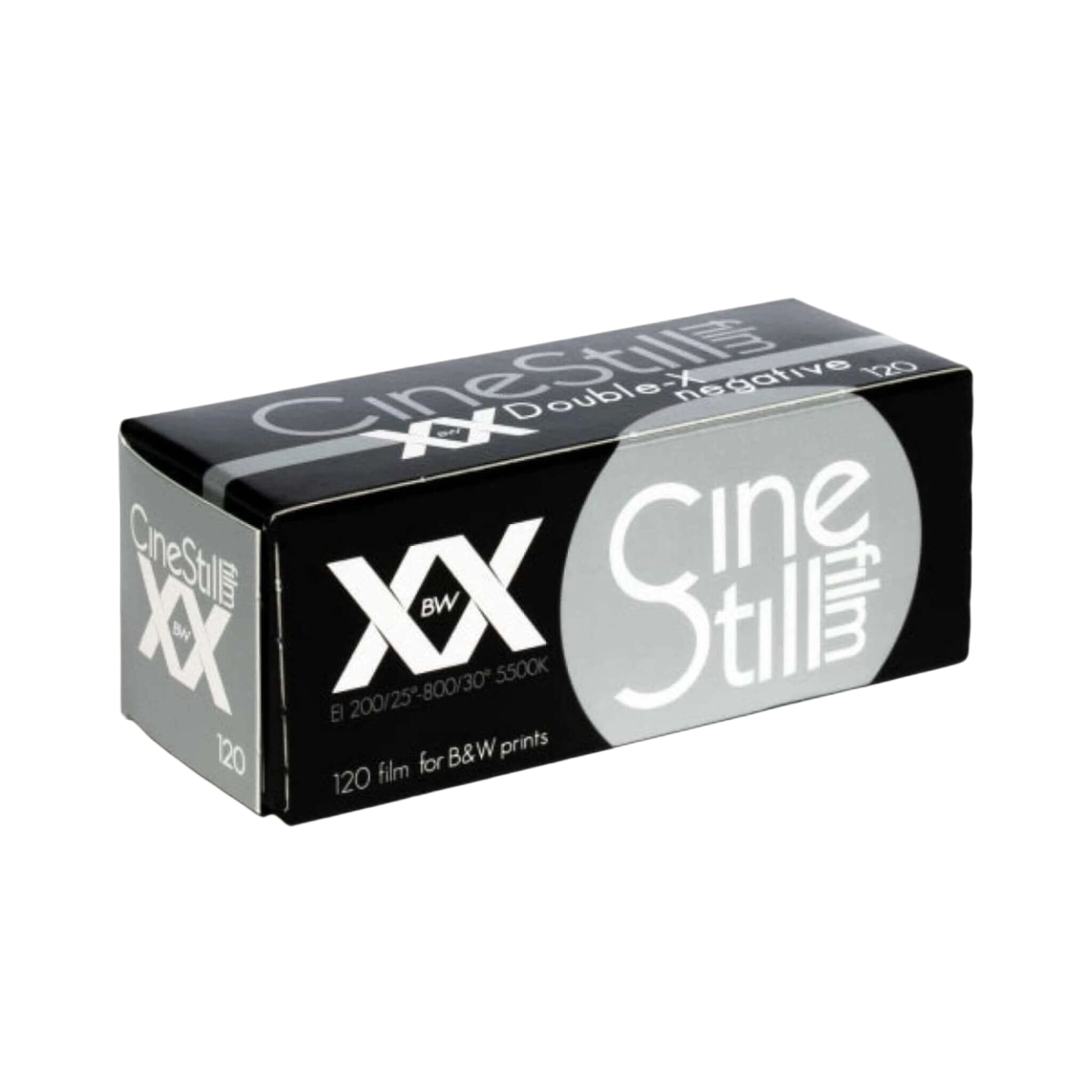 Black and silver cinestill xx 120 film box for b&w prints.