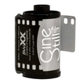 Black and silver b&w xx film roll with white lettering, designed for 36 exposures of black & white motion picture film.