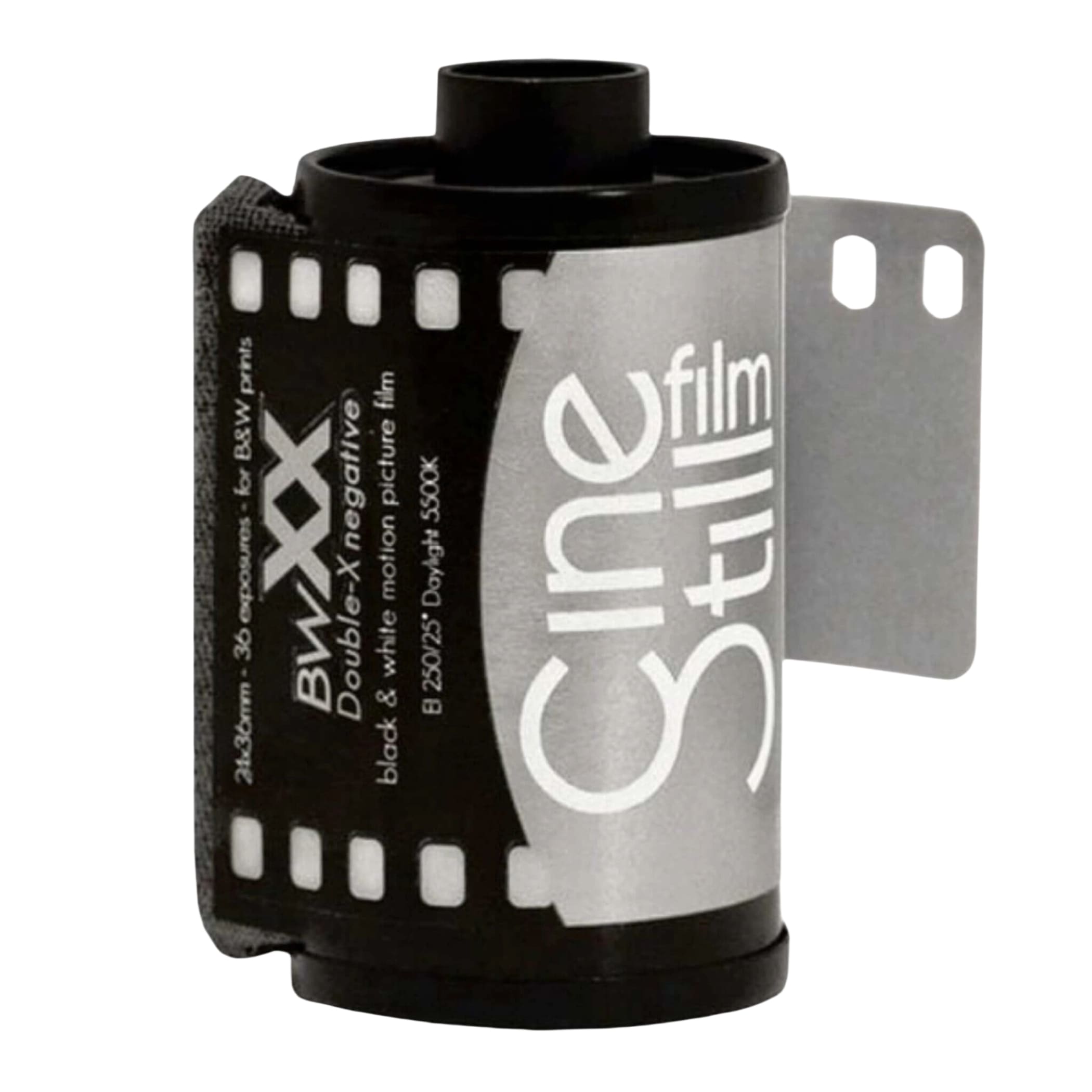 Black and silver b&w xx film roll with white lettering, designed for 36 exposures of black & white motion picture film.