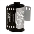 Black and silver b&w xx film roll with white lettering, designed for 36 exposures of black & white motion picture film.