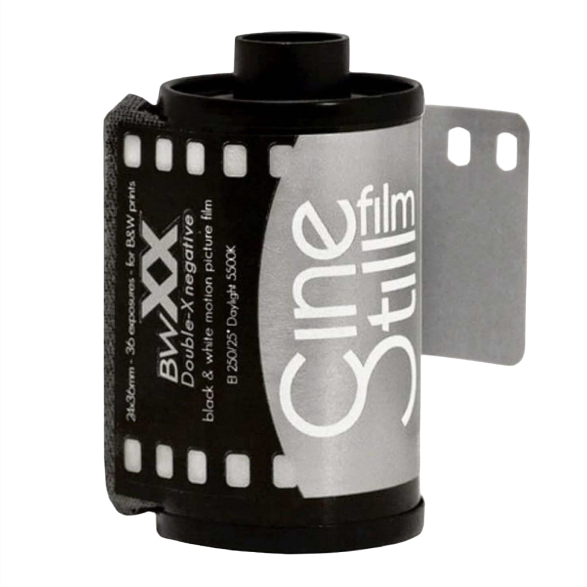 Black and silver b&w xx film roll with white lettering, designed for 36 exposures of black & white motion picture film.