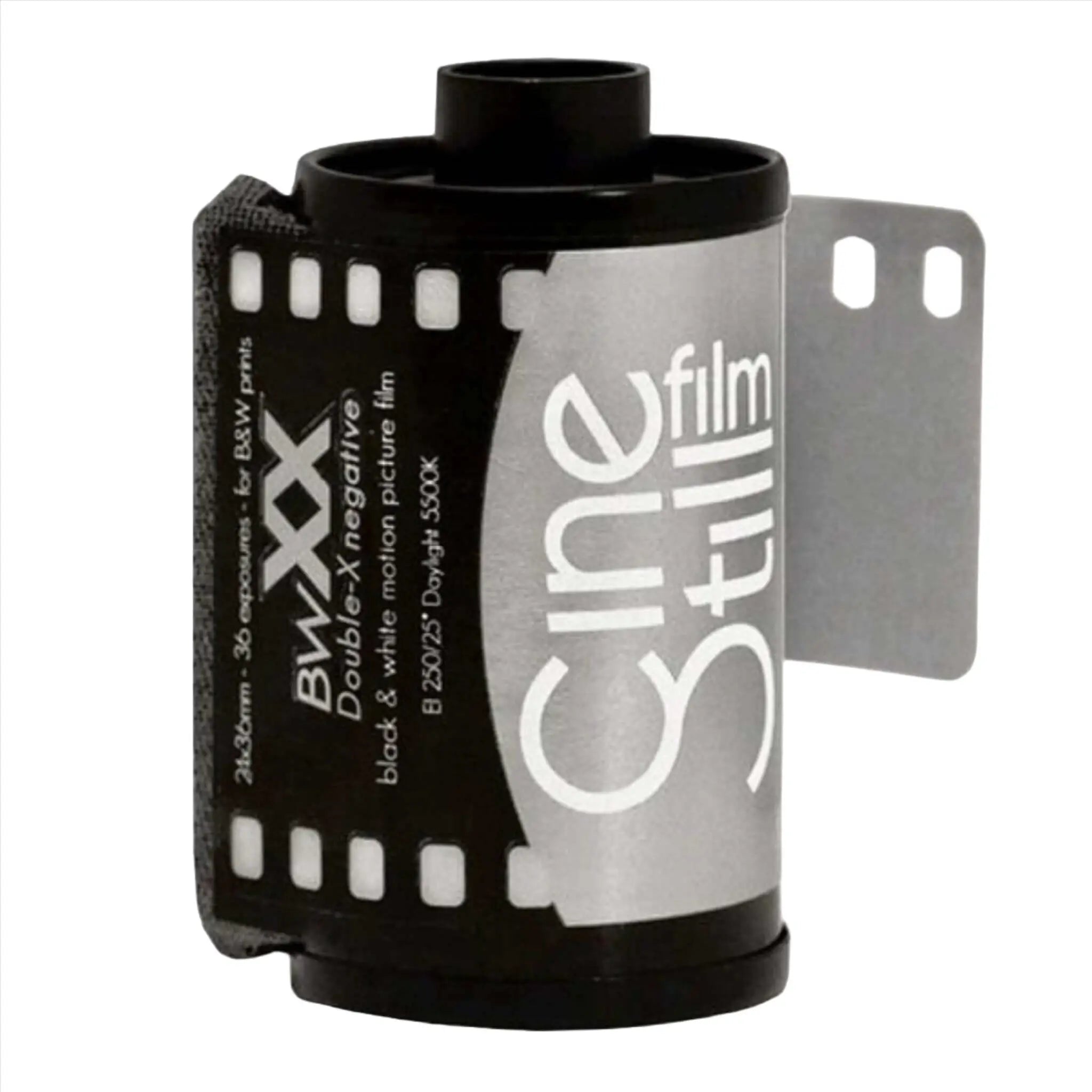 Black and silver b&w xx film roll with white lettering, designed for 36 exposures of black & white motion picture film.