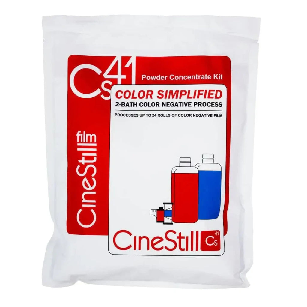 Cinestill c41 powder concentrate kit in a white pouch with red and black labeling, designed for processing up to 24 rolls of color negative film.