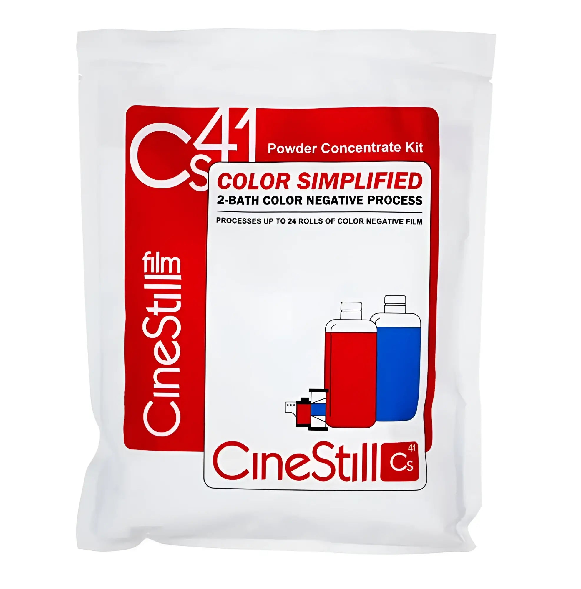 Cinestill c41 powder concentrate kit in a white pouch with red and black labeling, designed for processing up to 24 rolls of color negative film.