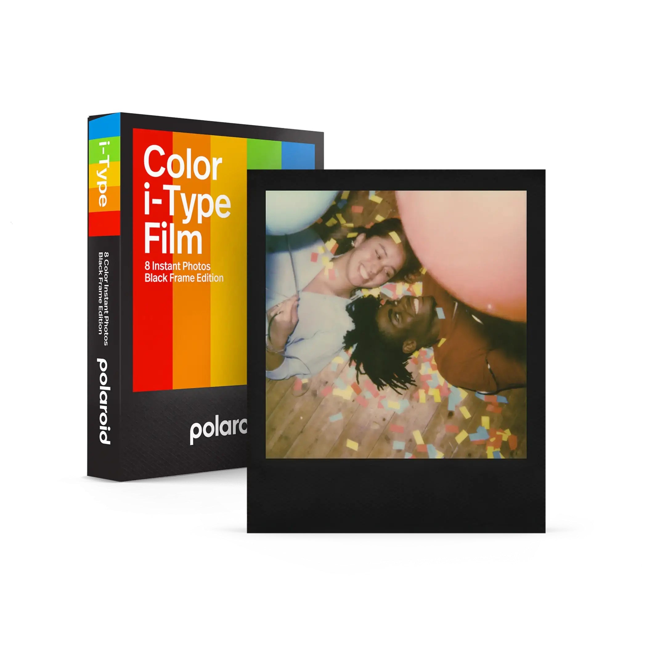 Polaroid Color i-Type Film - Black Frame Edition with instant photo of friends celebrating.