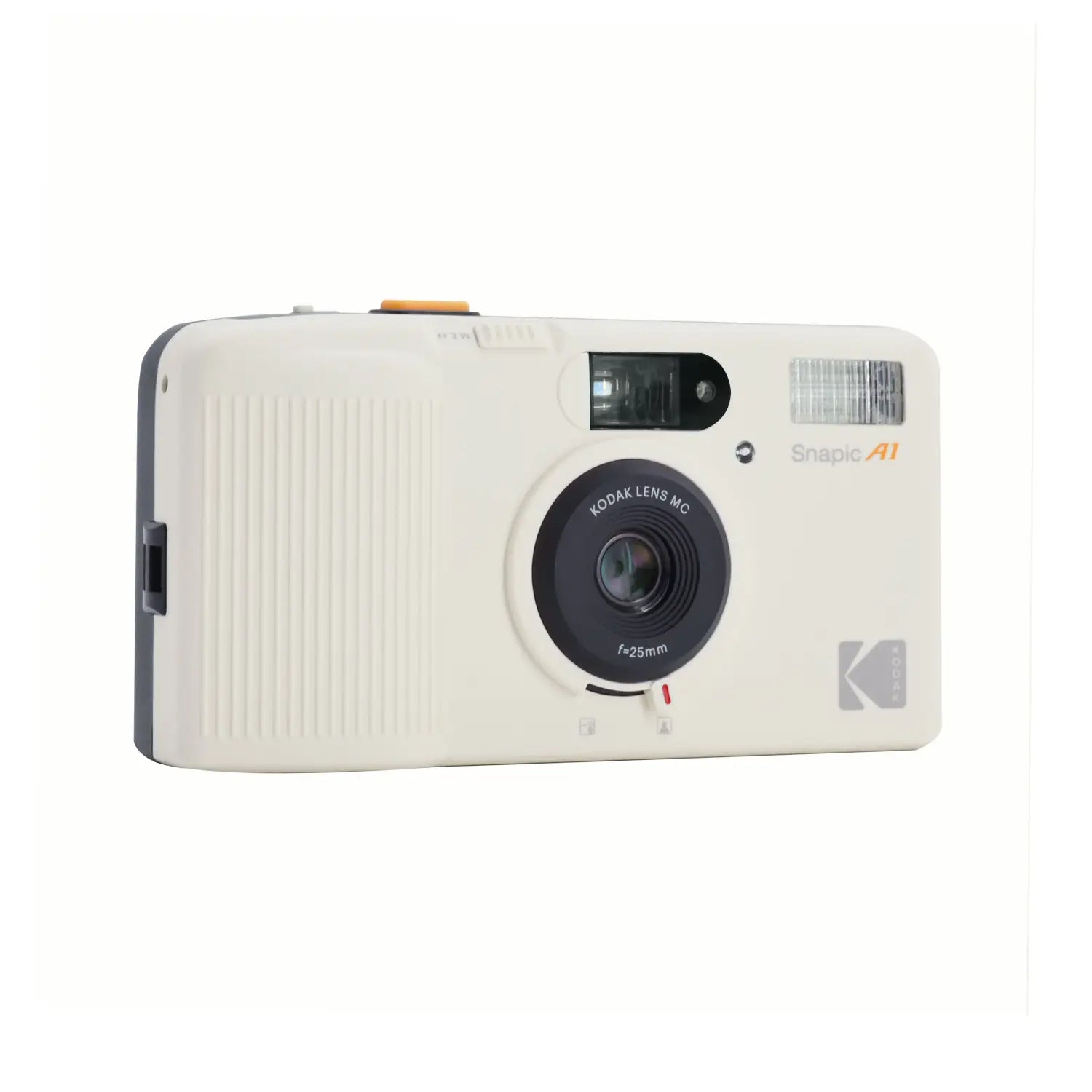 Cream-colored Kodak Snapic A1 35mm film camera with black lens and orange accents