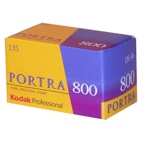 Kodak Portra 800 film box with vibrant yellow purple design for film photography