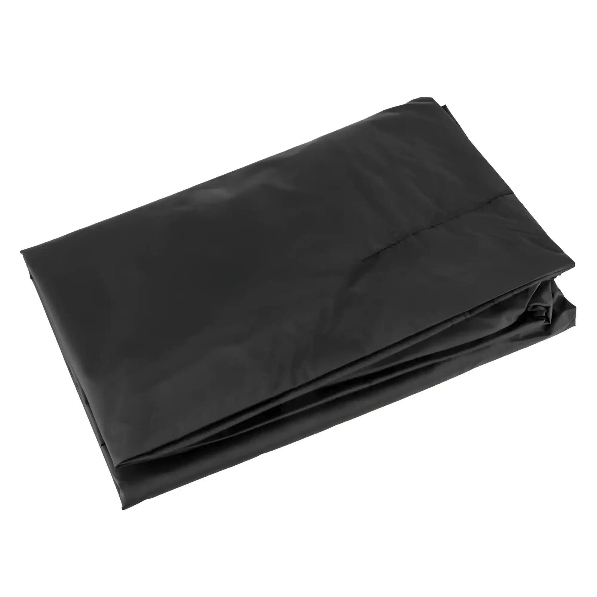 Black, foldable tarp made of durable synthetic fabric.