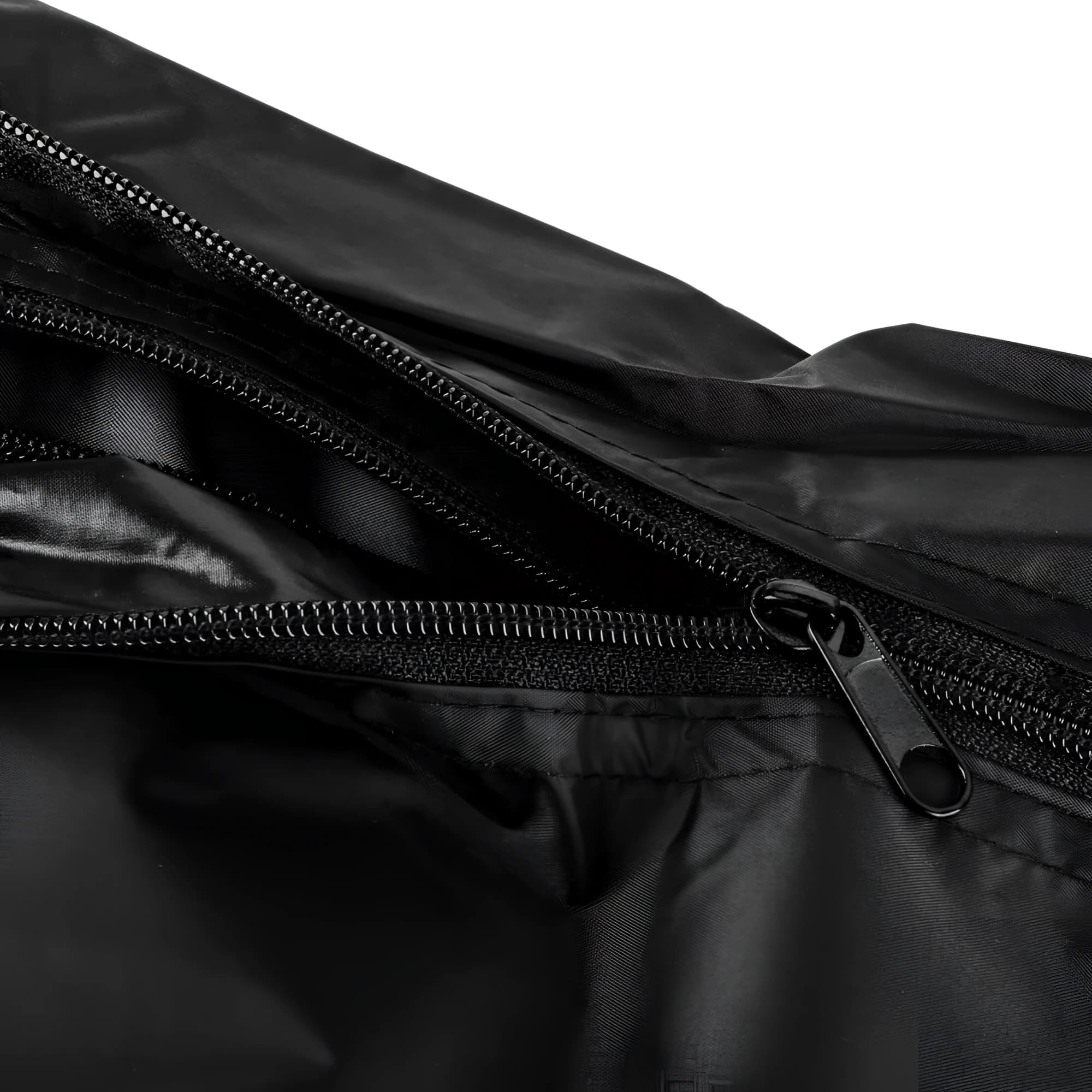 Black nylon duffel bag with multiple zippers and a sleek, durable design.