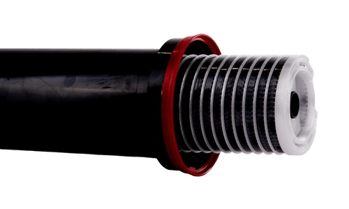 Black cylindrical water filter with red and white threaded components
