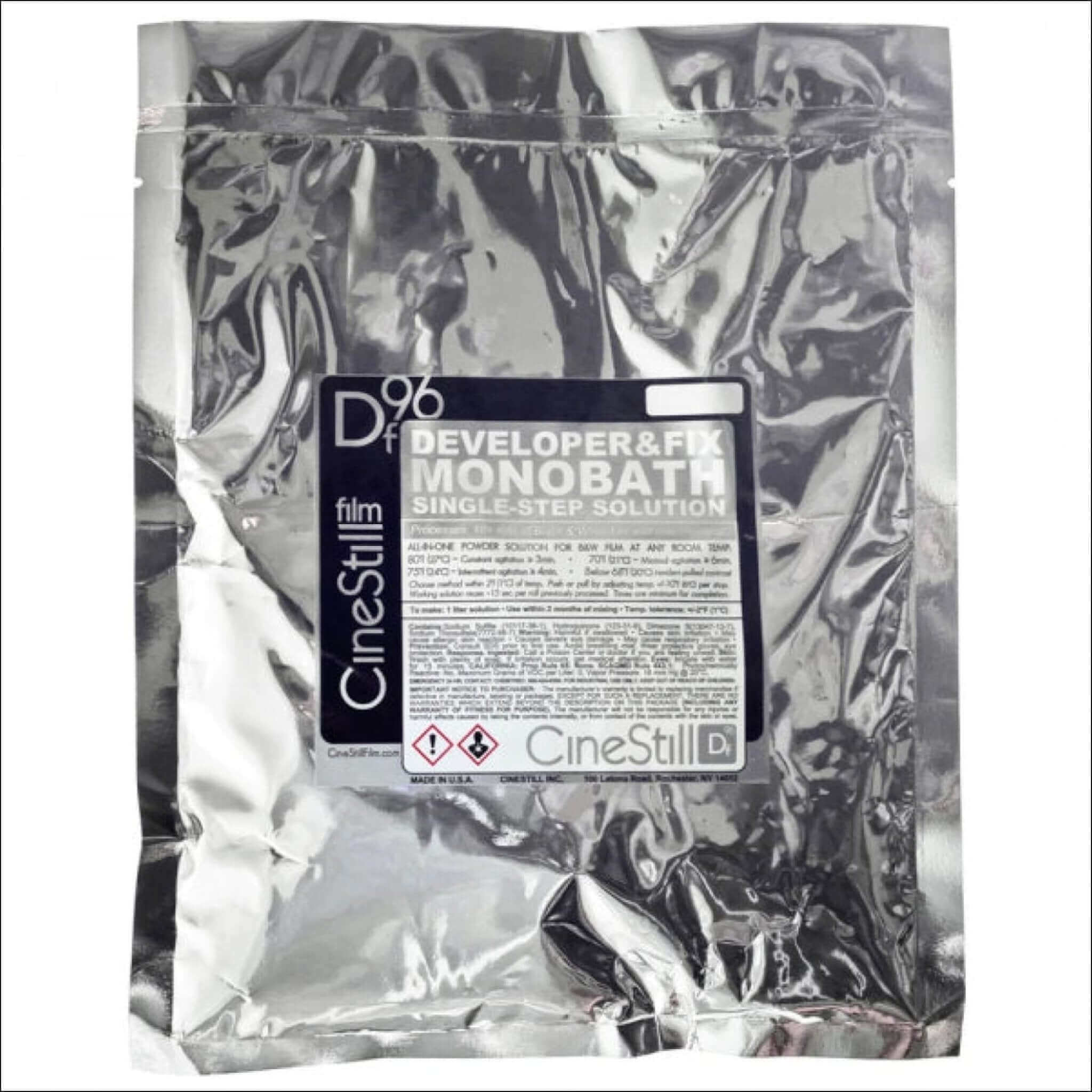 Silver foil packet containing a cinestill d96 developer and fix monobath single-step solution for film photography.