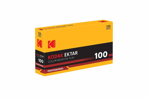 Yellow and black kodak ektar 100 color negative film box with red accents professional label for c41 processing