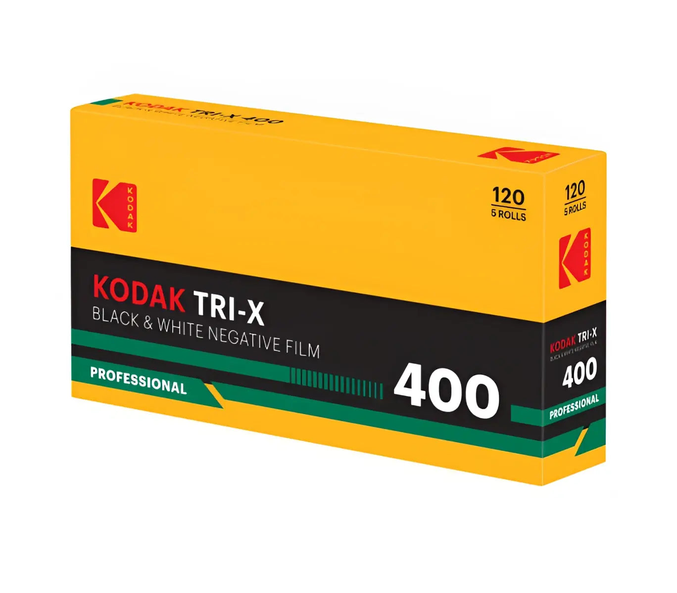 Yellow box of eastman kodak tri-x 400 iso black and white 120 film with bold red and green professional branding