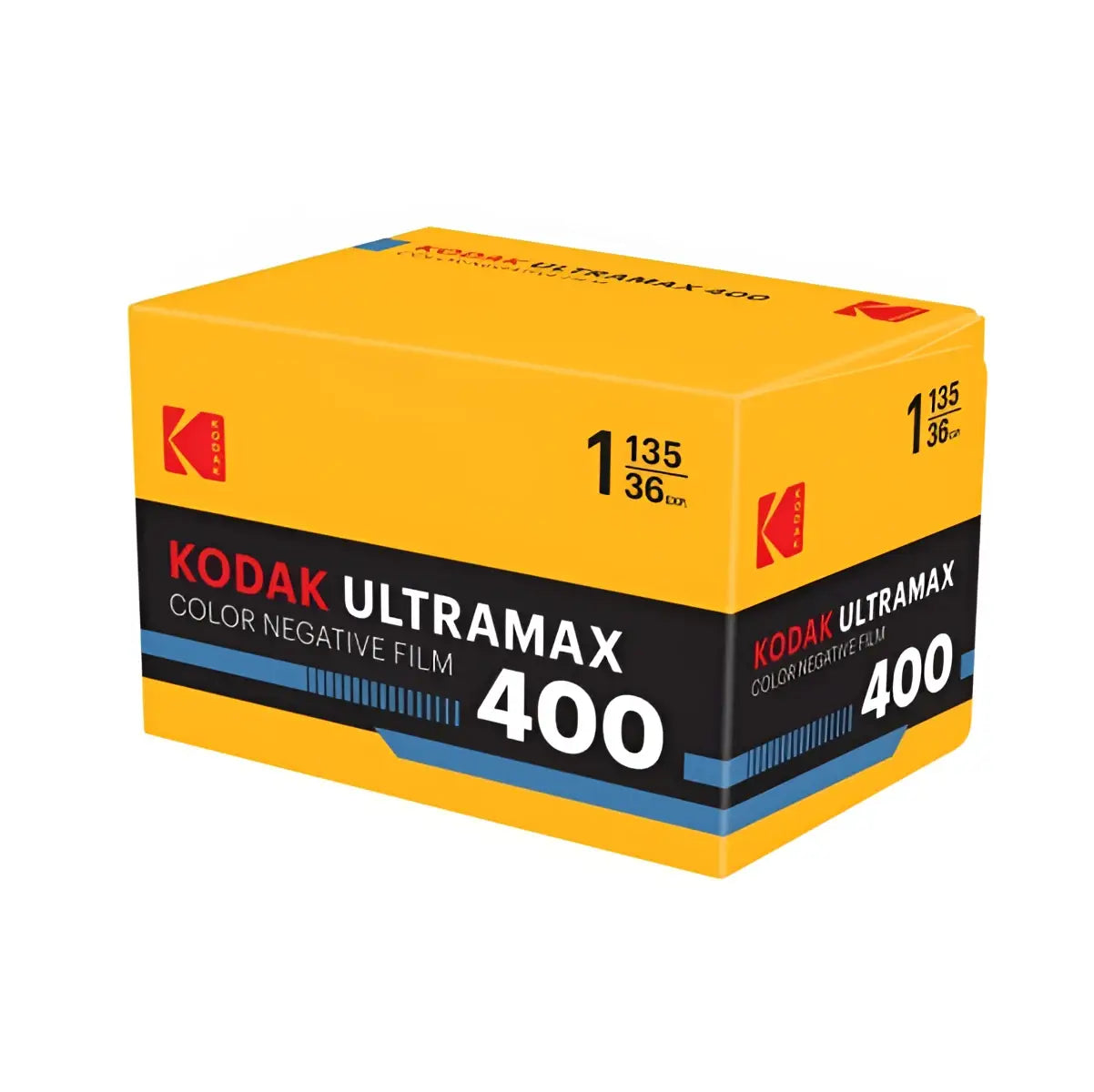 Bright yellow Eastman Kodak Ultramax 400 color negative film box with optimized color precision technology and ultra max branding