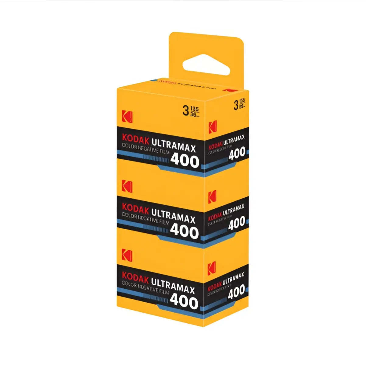 Yellow cardboard box of kodak ultramax 400 color negative film in a 3-pack retail package with black and blue branding