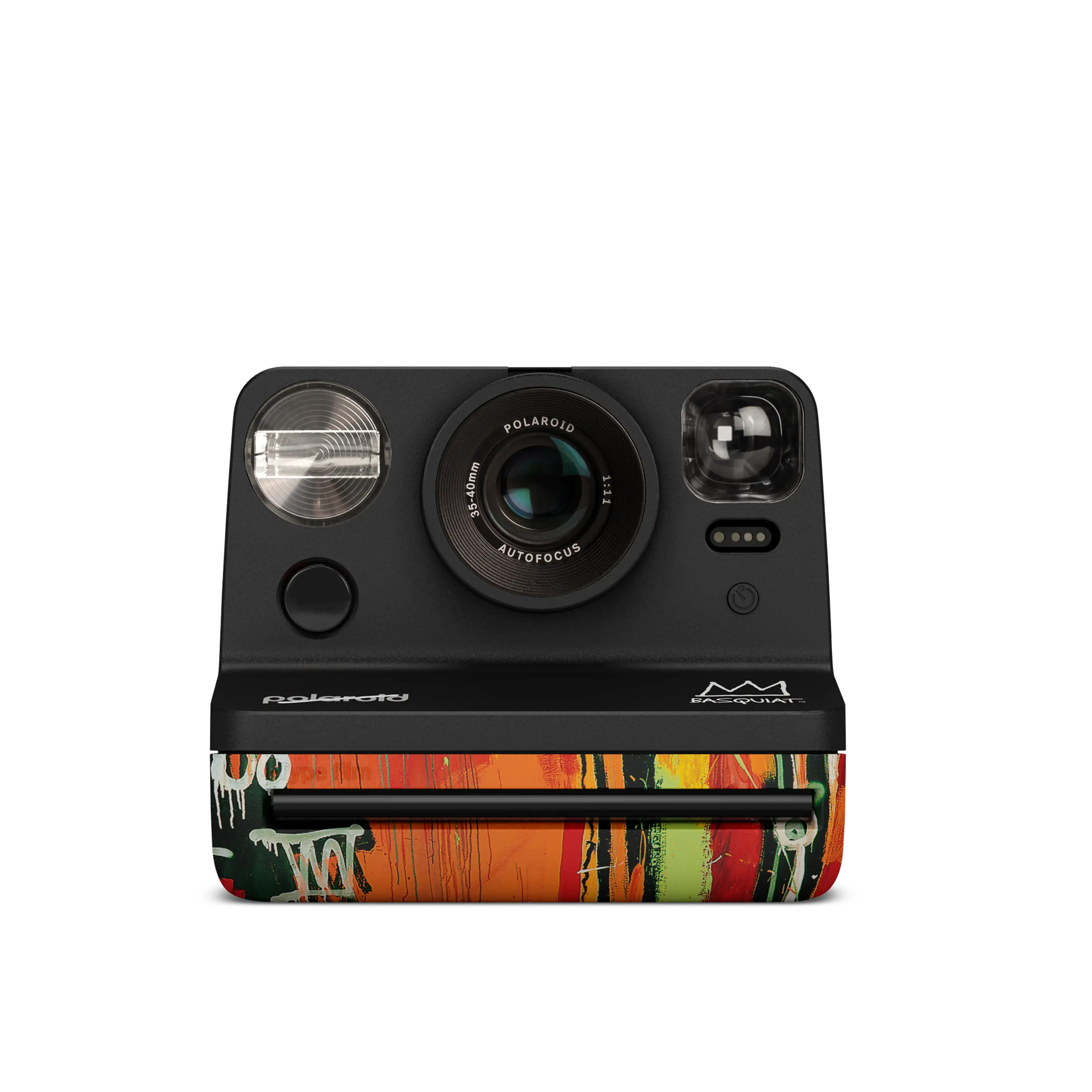 Black polaroid m600 instant camera with a vibrant graffiti-style design on its lower half.