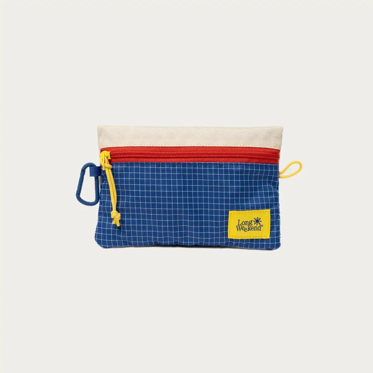 Blue and yellow zipper pouch with grid pattern and "Long Weekend" logo.