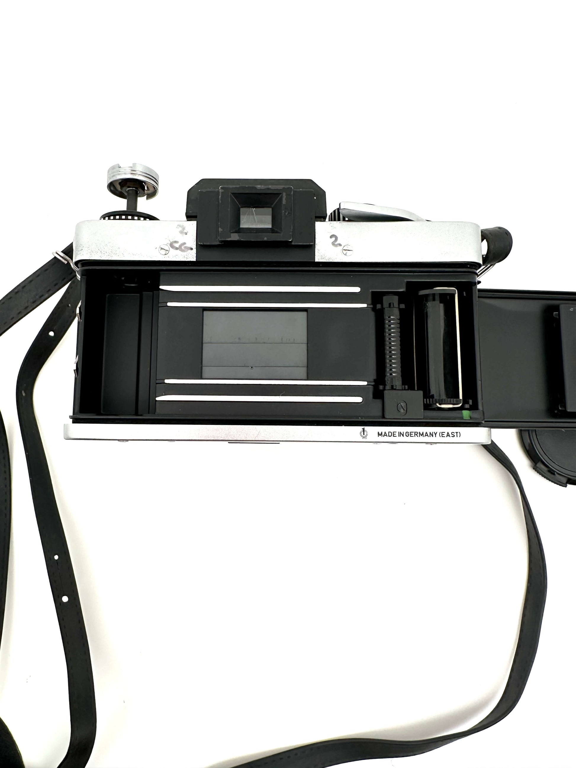 Back view of Exakta RTL 1000 vintage 35mm film camera showcasing interior and film chamber.