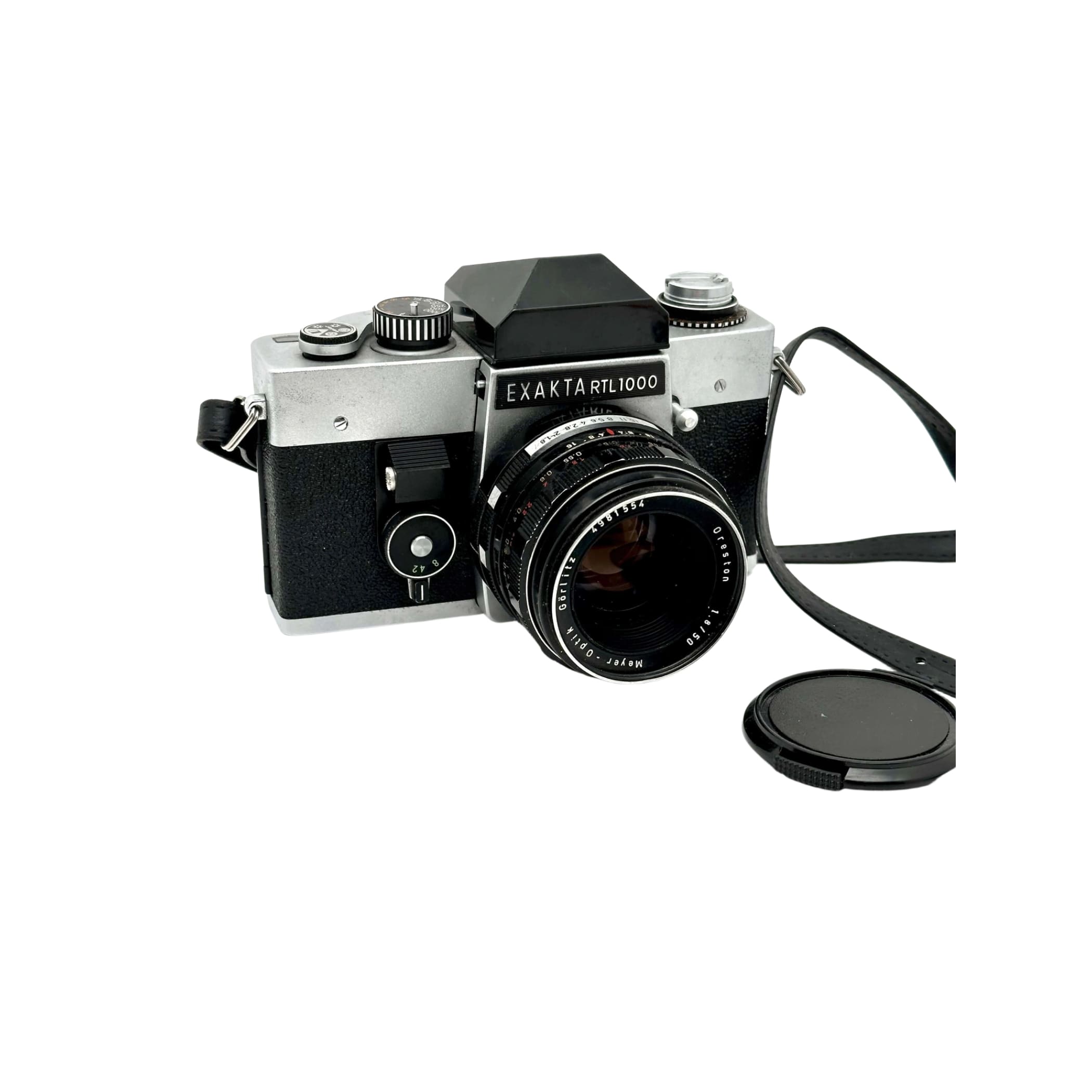 Silver and black exakta rtl 1000 film camera with a mounted lens.