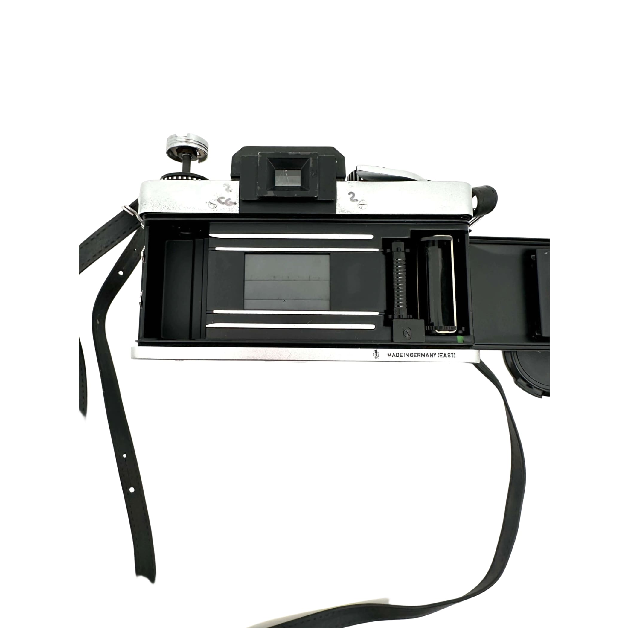 Silver and black rangefinder camera with a classic, retro design.