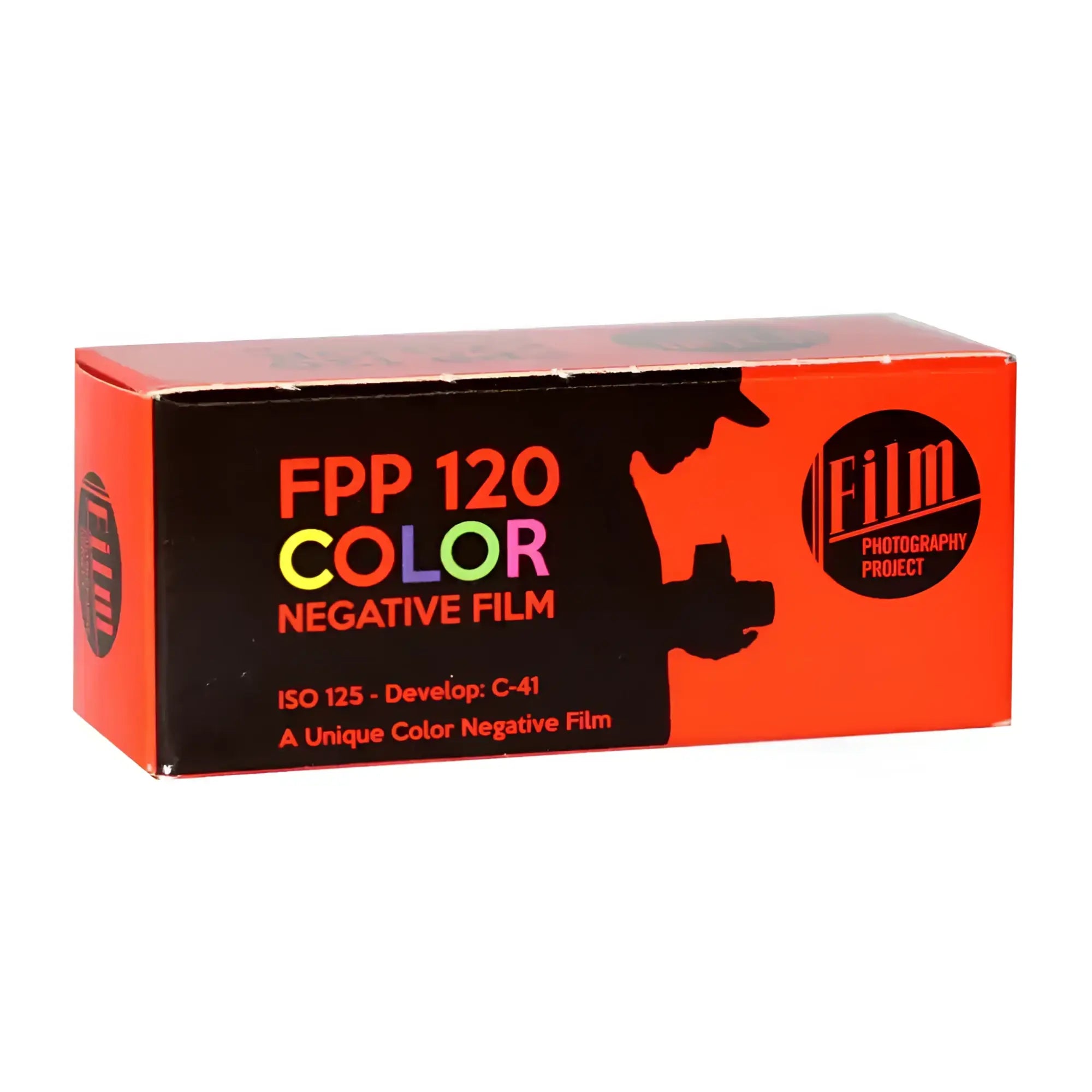 Orange and black box of fpp 120 color negative film by the film photography project.