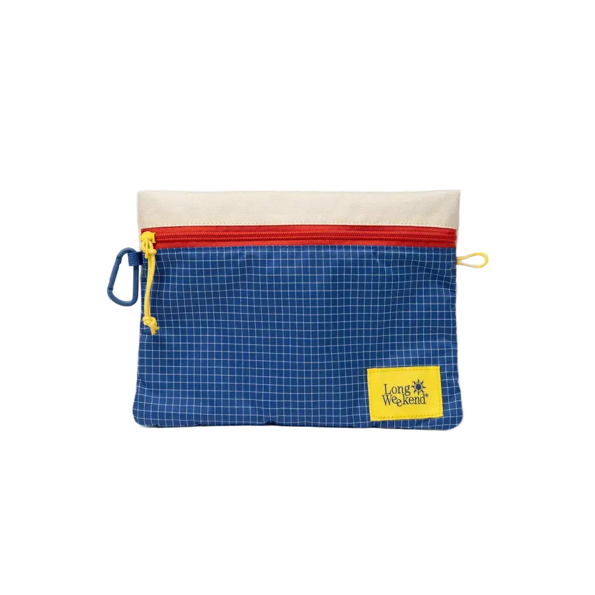 Blue grid-patterned long weekend pouch with cream top, red zipper, and yellow pull tabs.