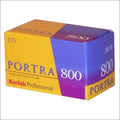 Kodak professional portra 800 film box with a vibrant yellow and purple design.