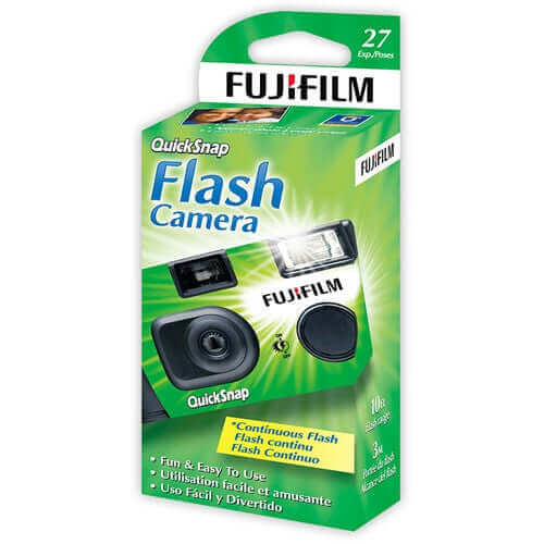 Fujifilm quicksnap flash camera in green and black packaging with a compact, instant film camera design.