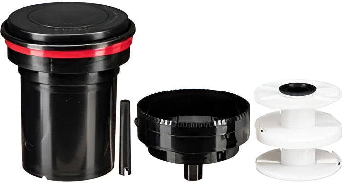 Black cylindrical camera lens hood with red accent ring and matching black mounting base.