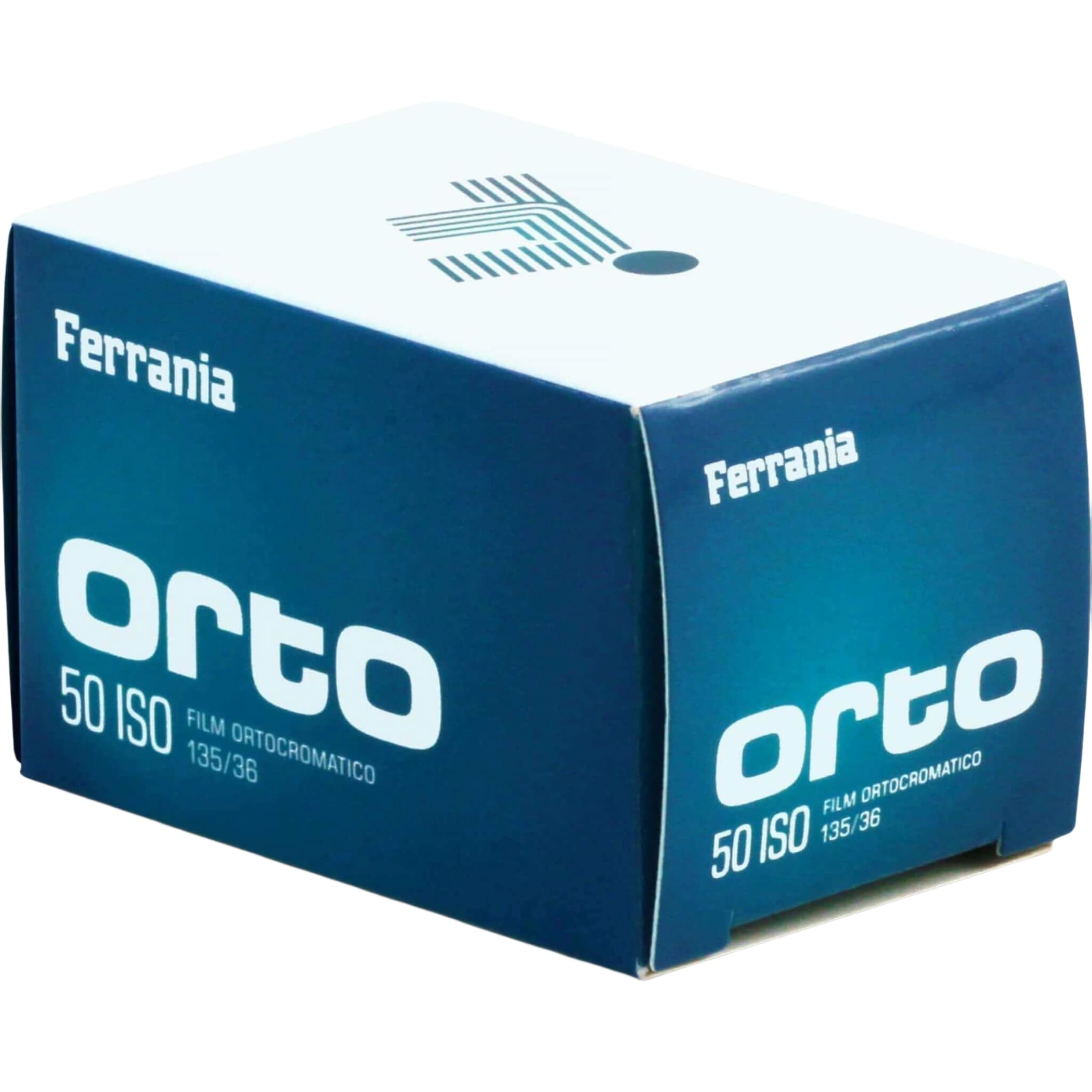 Blue ferrania orto 50 iso film box for 135/36 cameras.