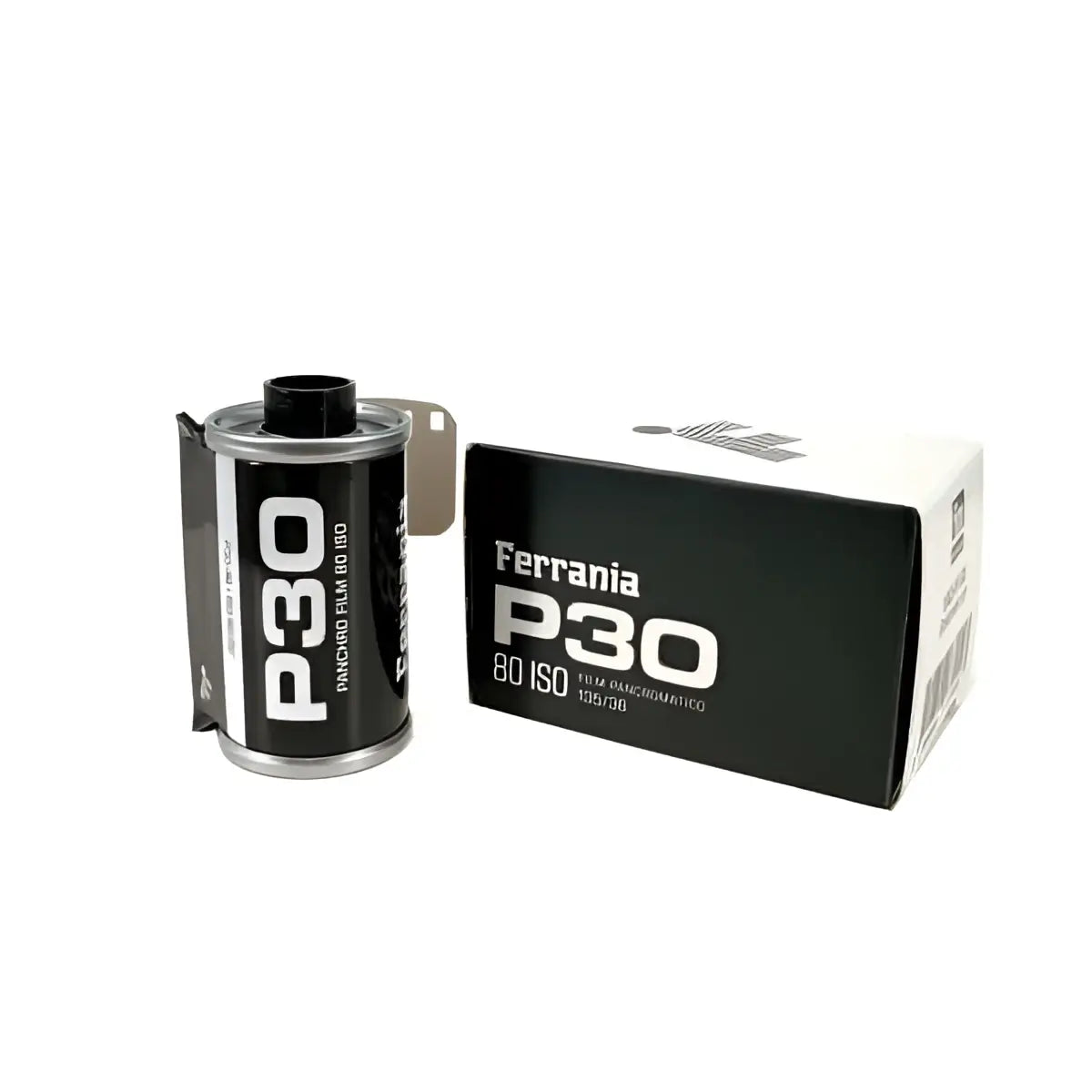 Black ferrania p30 80 iso film canister with silver metallic edges and white text, displayed beside its matching black packaging.