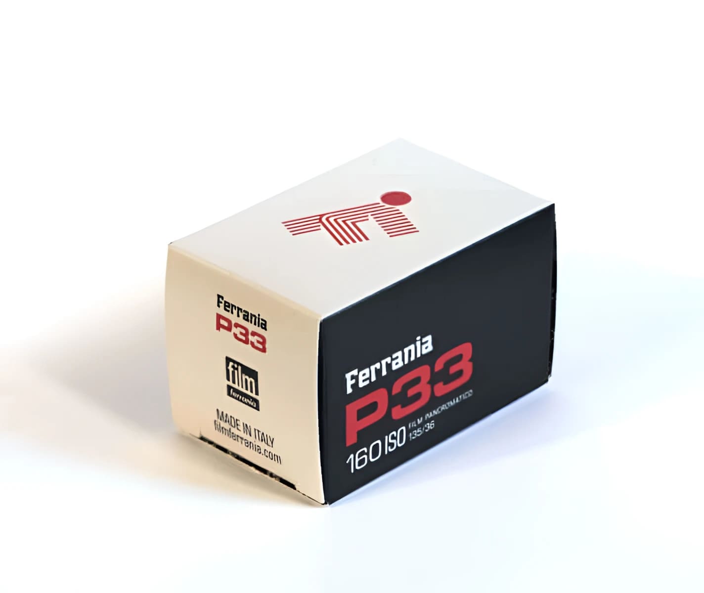Ferrania p33 160 iso film panormatic box, black and cream-colored with red branding.