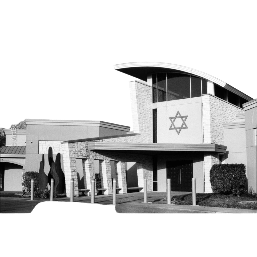 The building features a modern architectural design with stone cladding and a prominent star of david emblem on its facade.