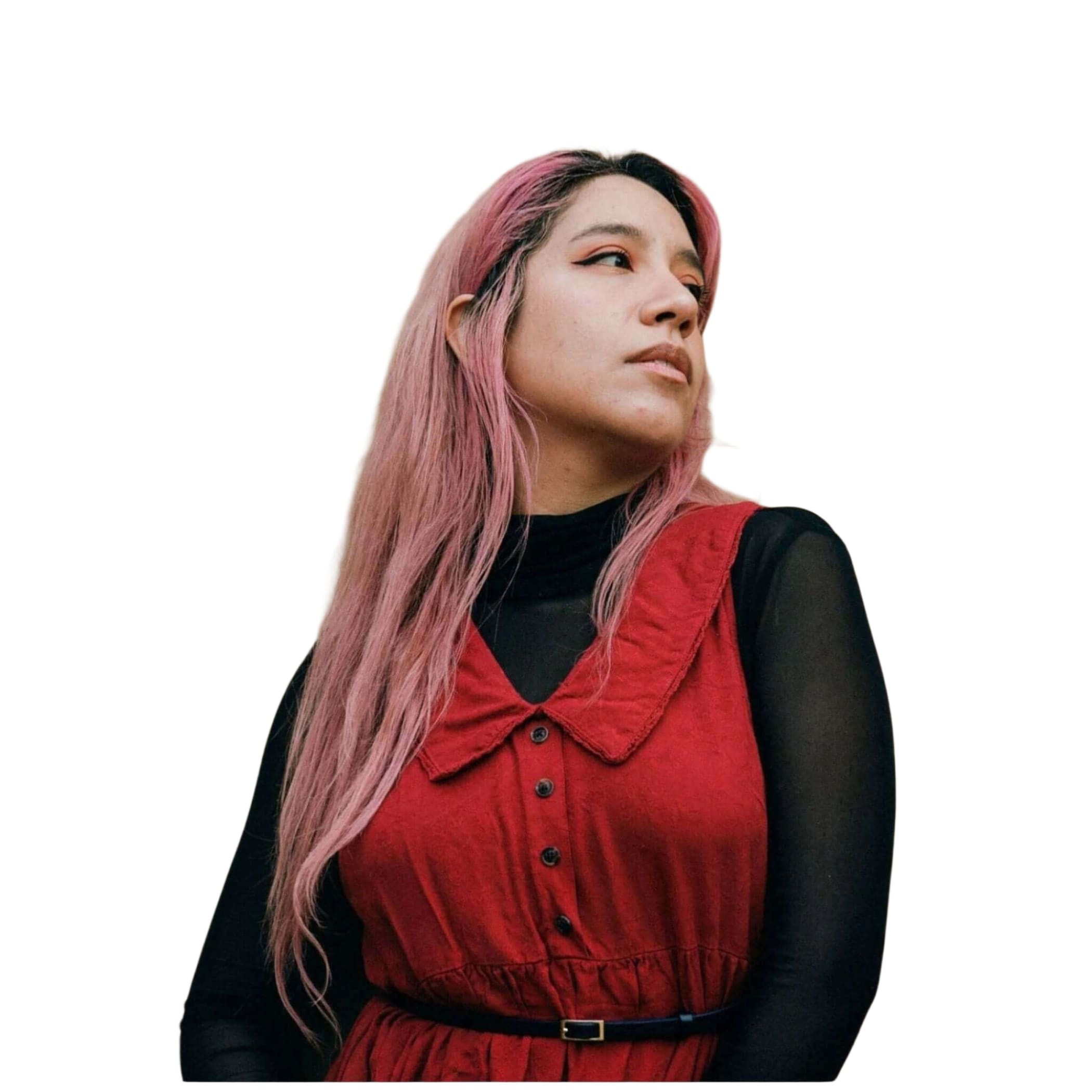 Red sleeveless dress with a collar and button front, worn over a black long-sleeved top