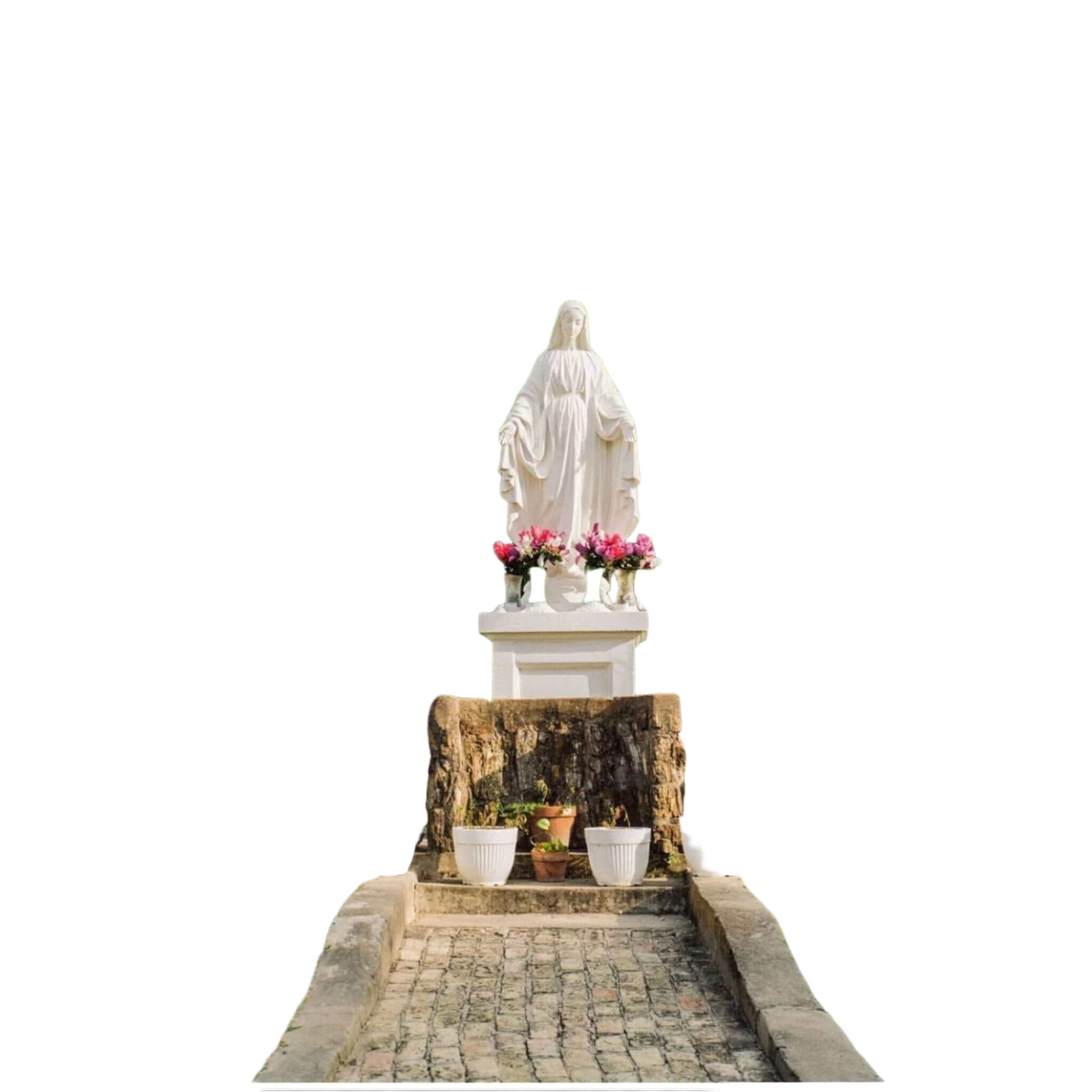 White marble statue of the virgin mary standing on a stone pedestal, adorned with pink flowers in green vases.