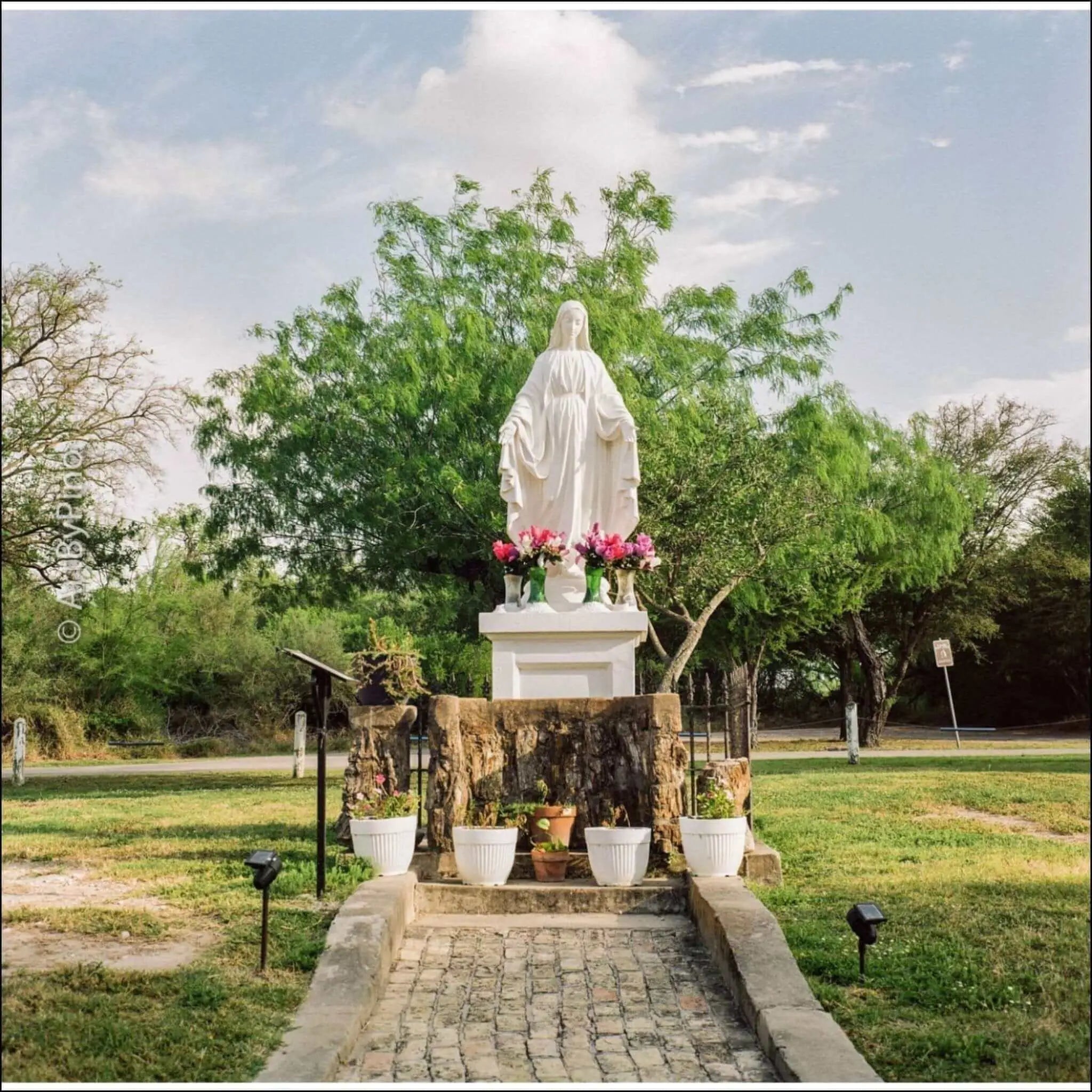 White marble statue of the virgin mary standing on a stone pedestal, adorned with pink flowers in green vases.