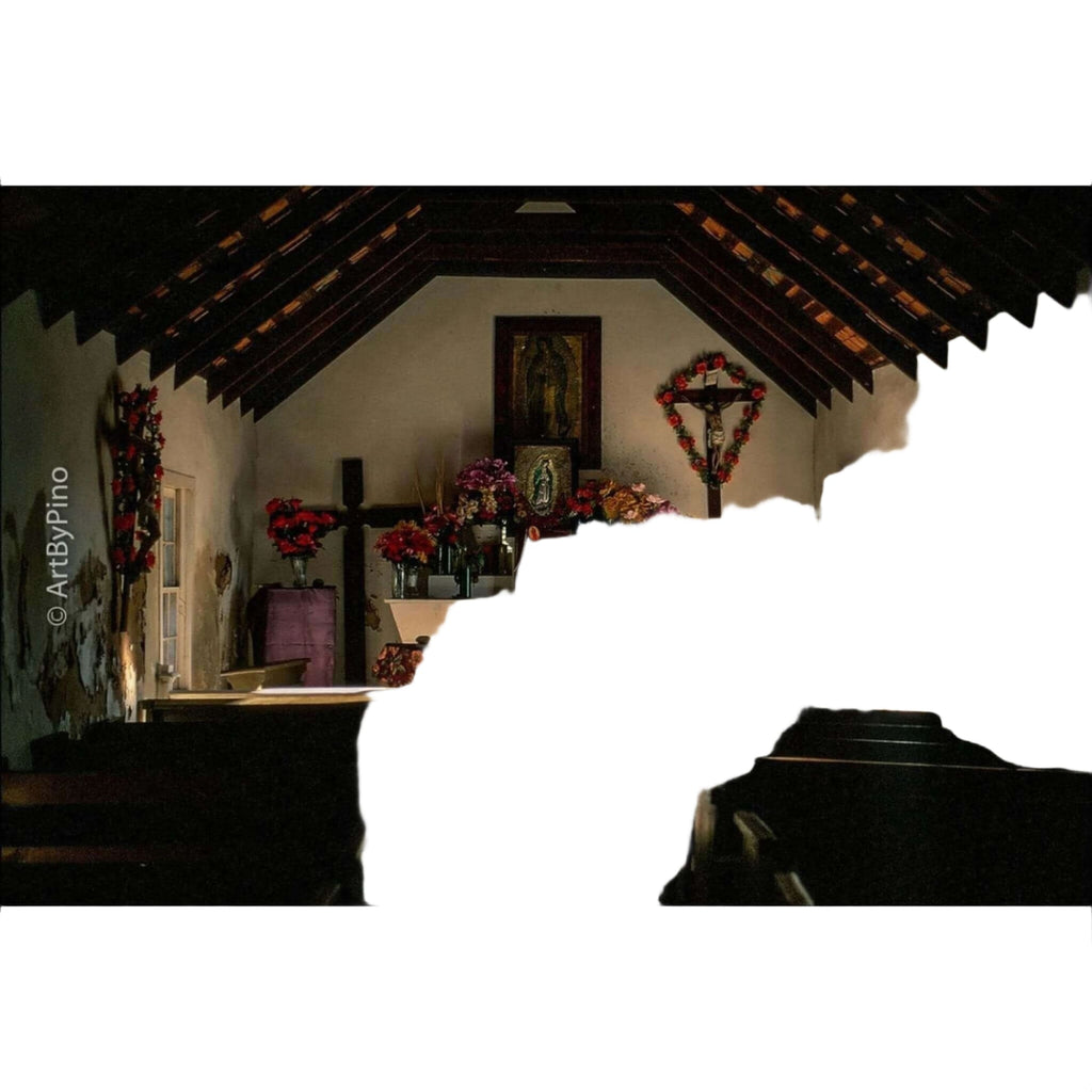 A wooden altar adorned with vibrant red and pink flowers, framed by a dark cross and surrounded by religious icons.