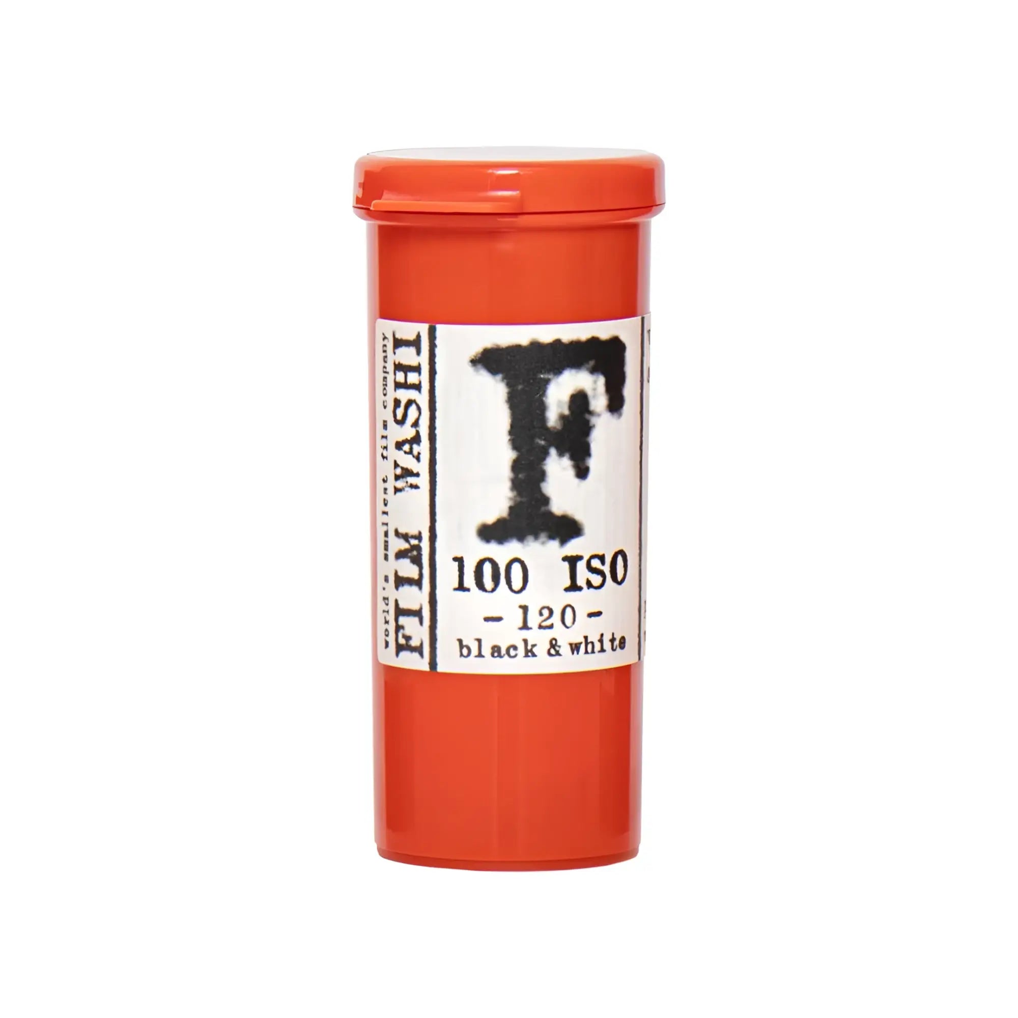 Orange cylindrical container of film washi 100 iso black & white film.