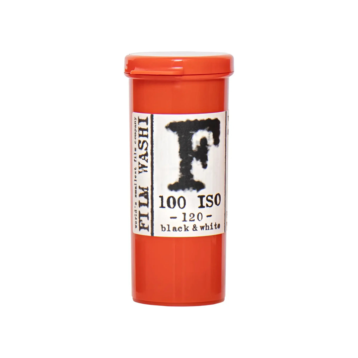 Orange cylindrical container of film washi 100 iso black & white film.