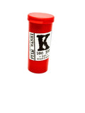 Red cylindrical container of film washi 100 iso black & white photographic film.