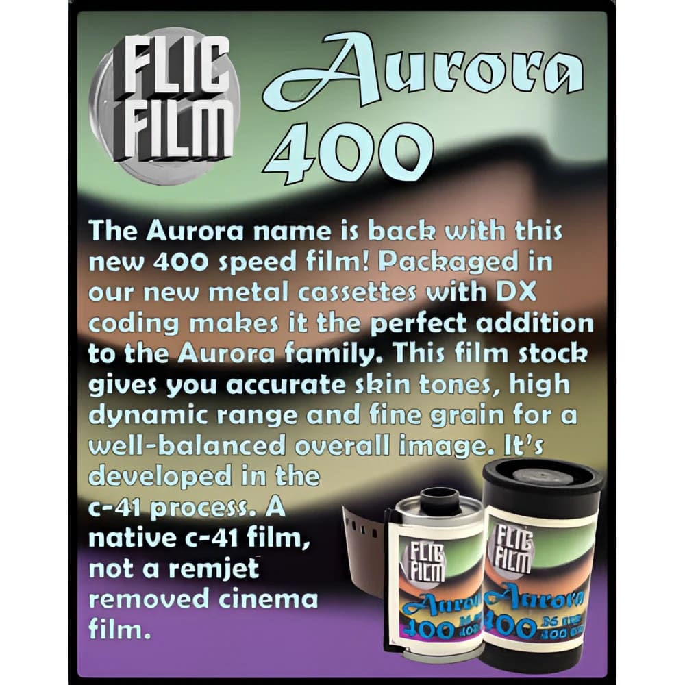 Fujifilm aurora 400 film in metal cassette packaging with dx coding and a c-41 process.