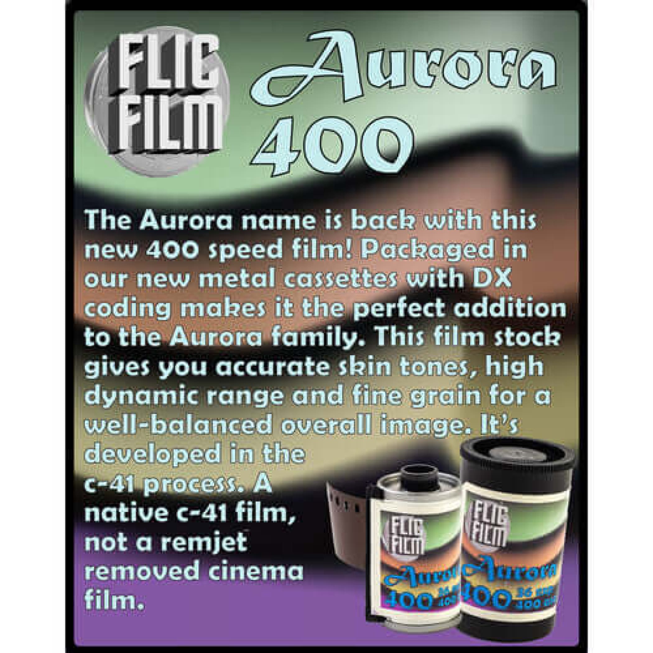 Fujifilm aurora 400 film in metal cassette packaging with dx coding and a c-41 process.