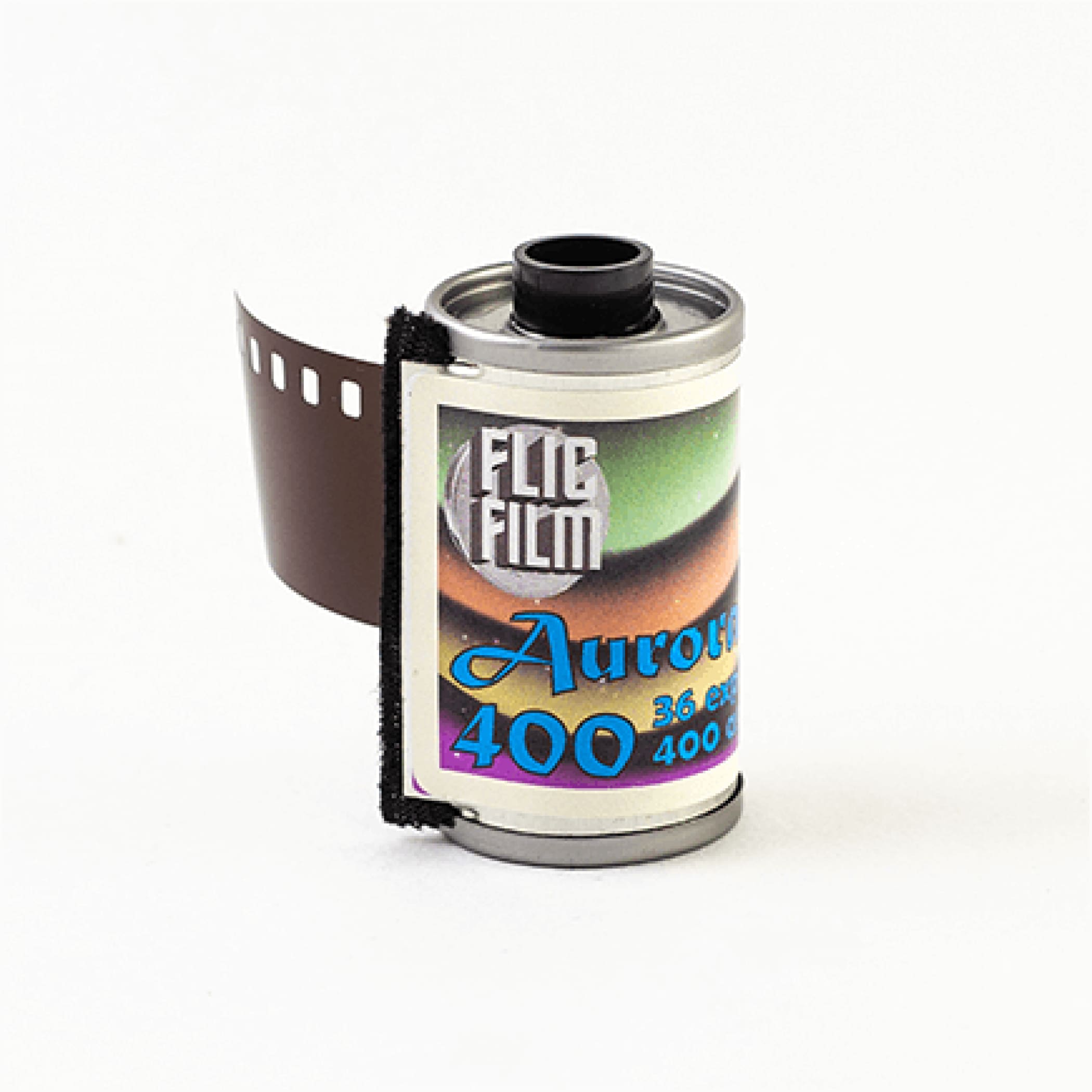 A roll of elite film aurora 400 film, featuring a colorful label with gradient hues and black perforated edges.