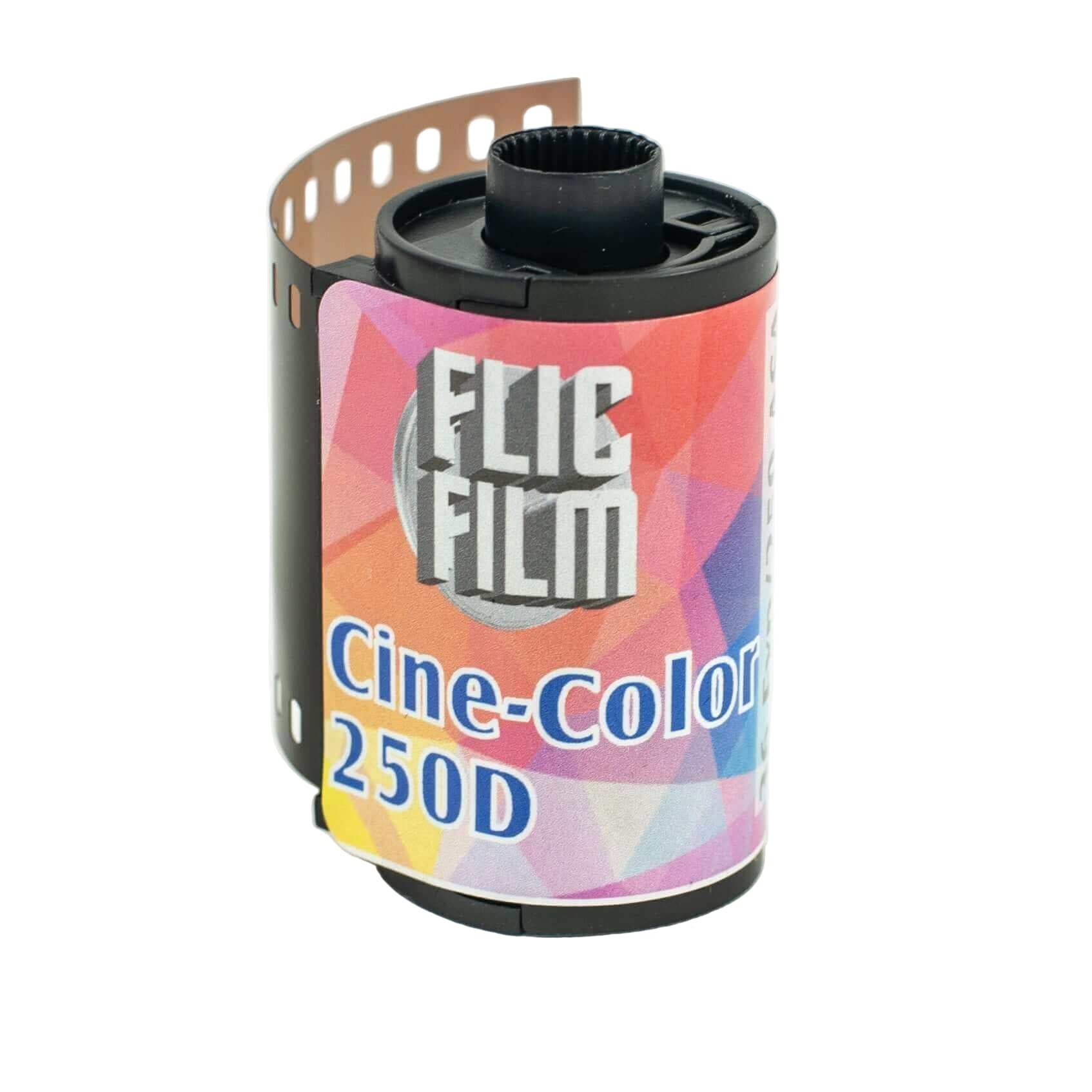 A vibrant, geometrically patterned roll of fujifilm cine-color 250d film with a black plastic spool and perforated edge.