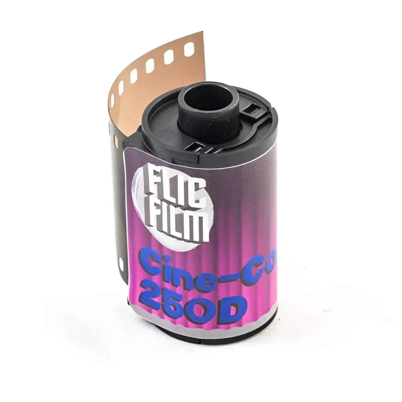 A vibrant purple and pink cylindrical roll of flic film cinecolor 250d 35mm 36 exp film with black plastic spool and perforated edges