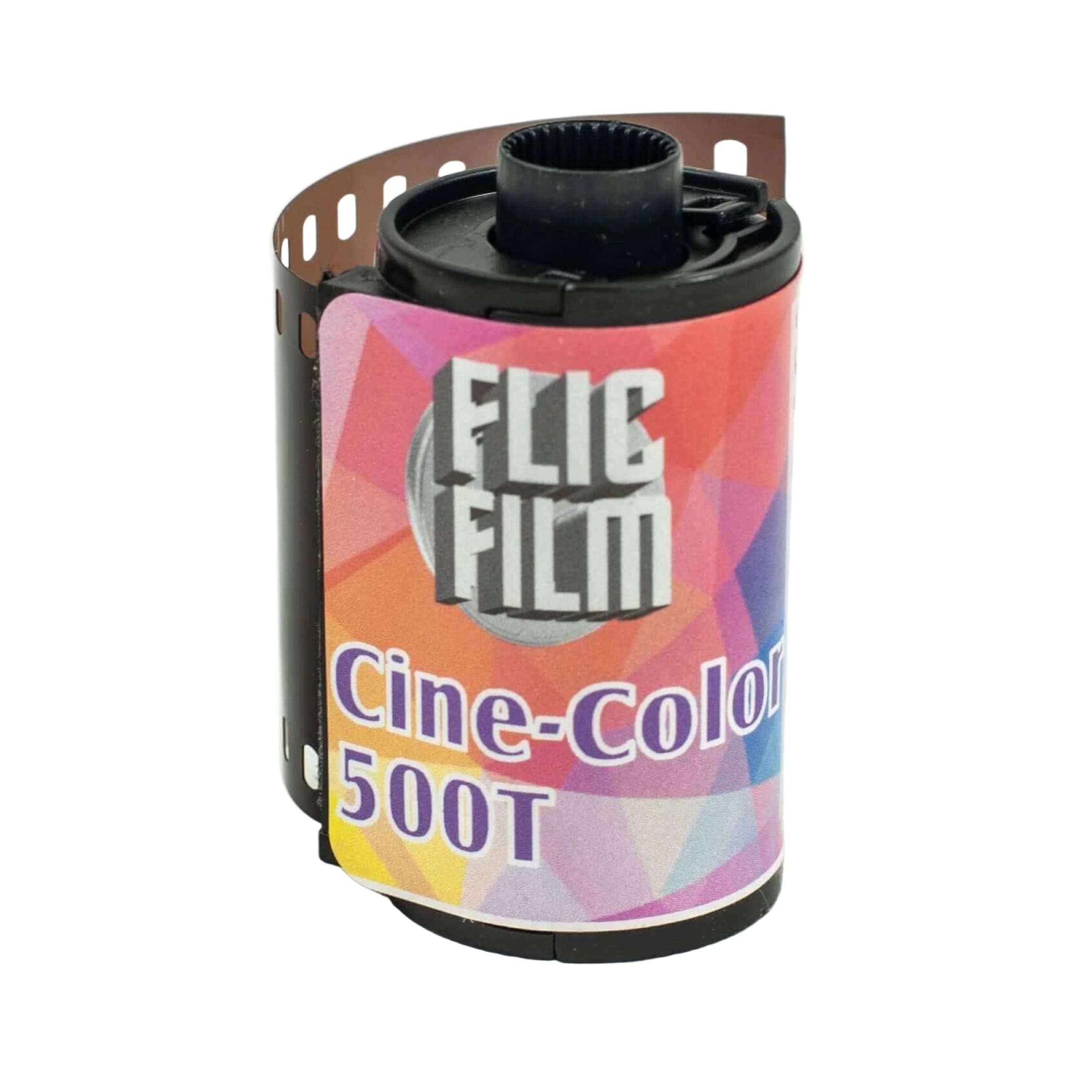 A vibrant, geometrically patterned roll of flic film cine-color 500t photographic film with a black plastic spool and perforated edges.