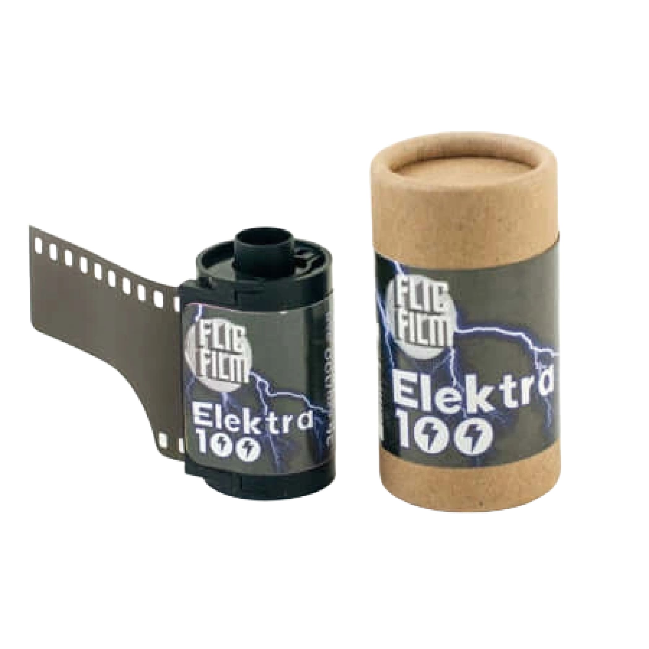 Black film canister with ’elektra 100’’ label and lightning bolt design, housed in a cylindrical cardboard tube.