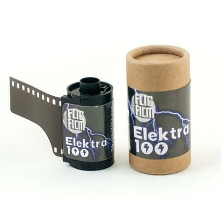Flic Film Elektra 100 color-negative 35mm film roll with cardboard packaging, ideal for aerial photography.